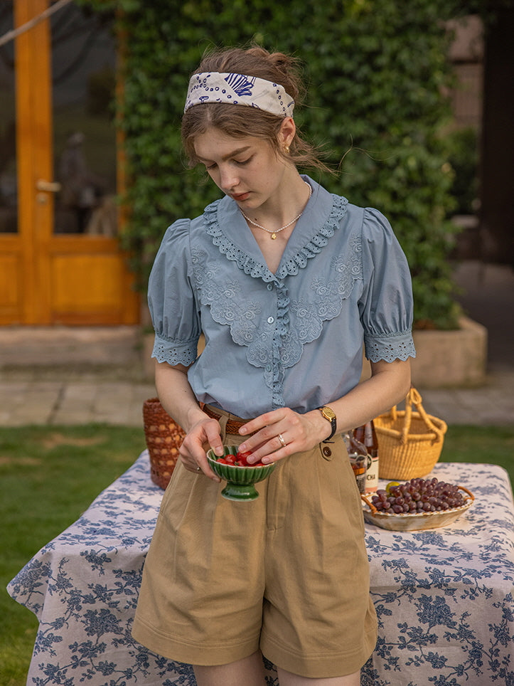 Blue Embroidery Collar Cottage Blouse