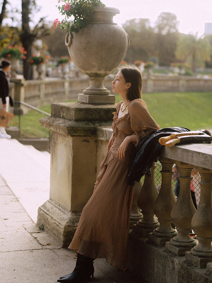 Mocha Ruffle Dream Long Dress