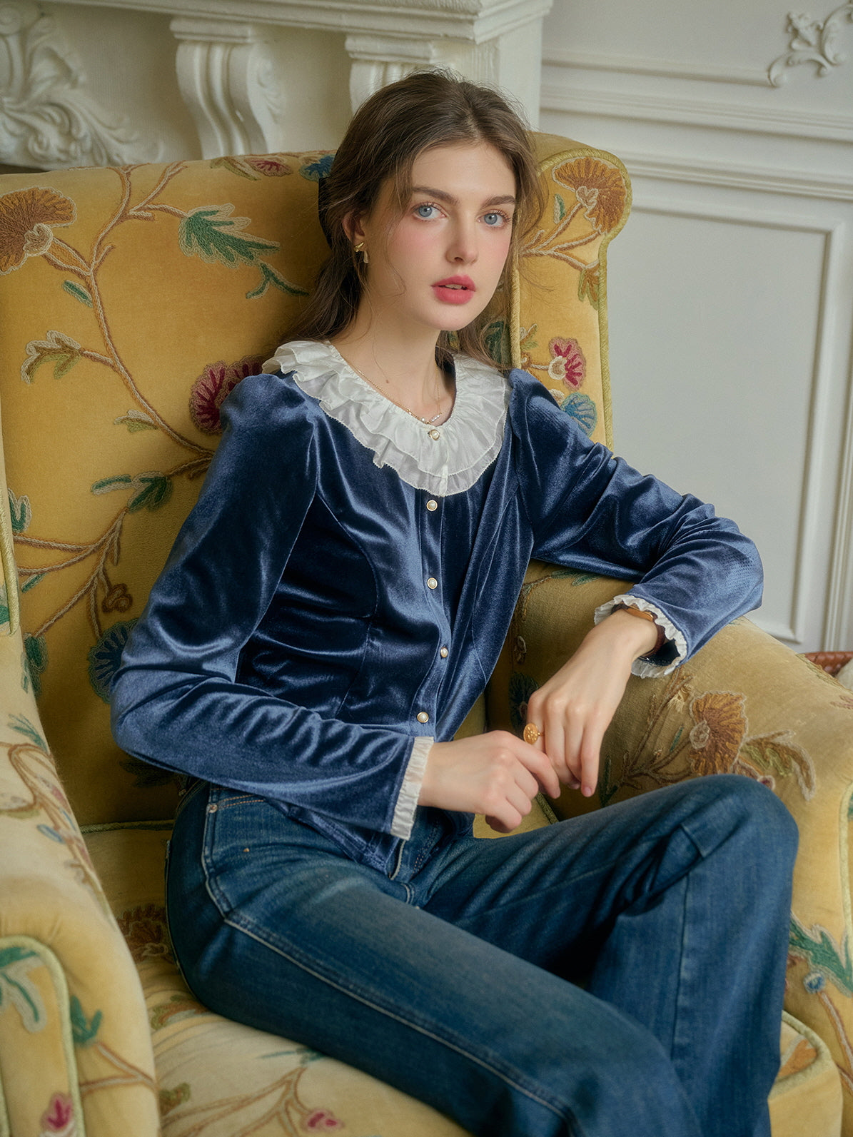 Ruffle Collar Midnight Velvet Elegance Blouse