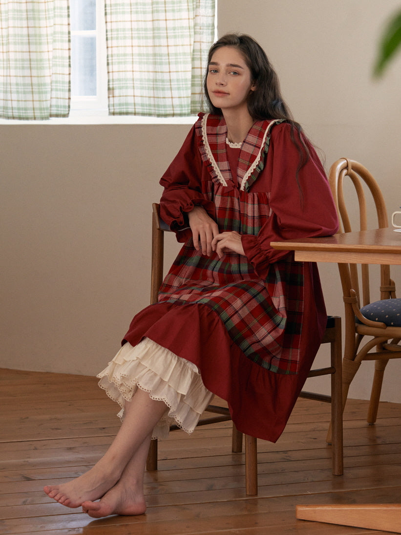 Plaid-Trim Cotton Loungewear Dress