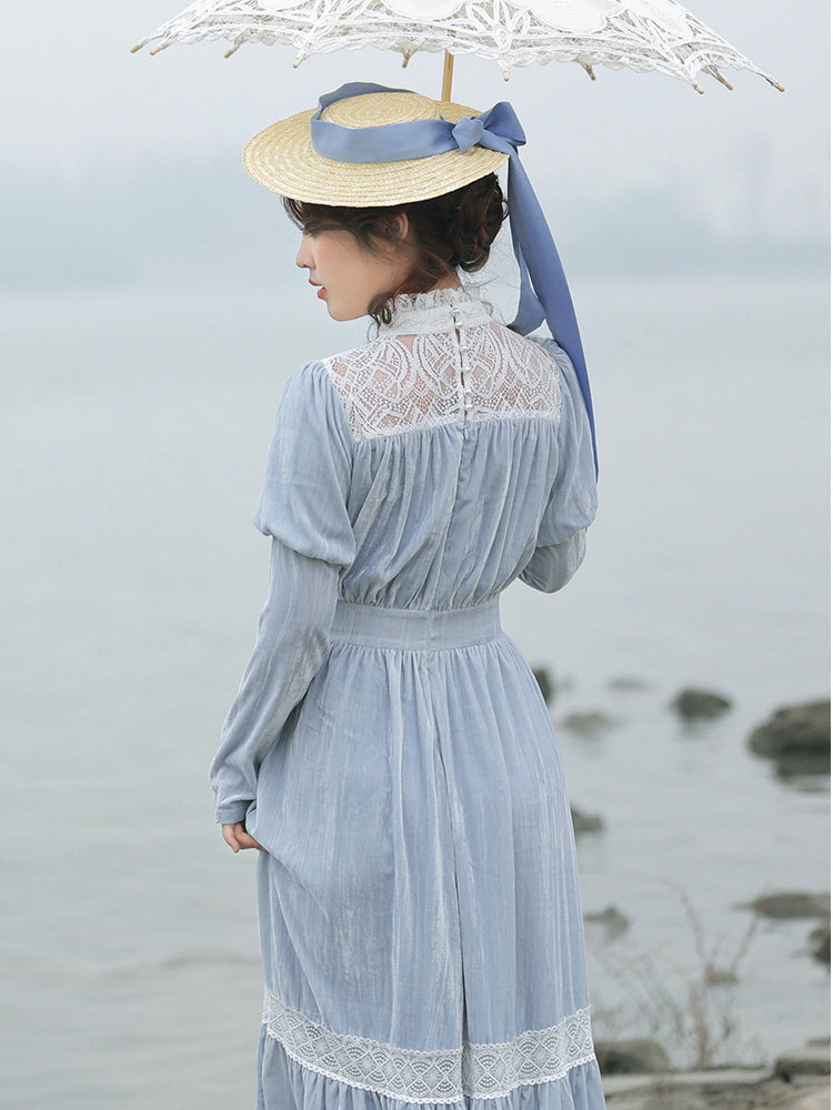 Vintage Blue Lace-Trimmed Elegant Dress