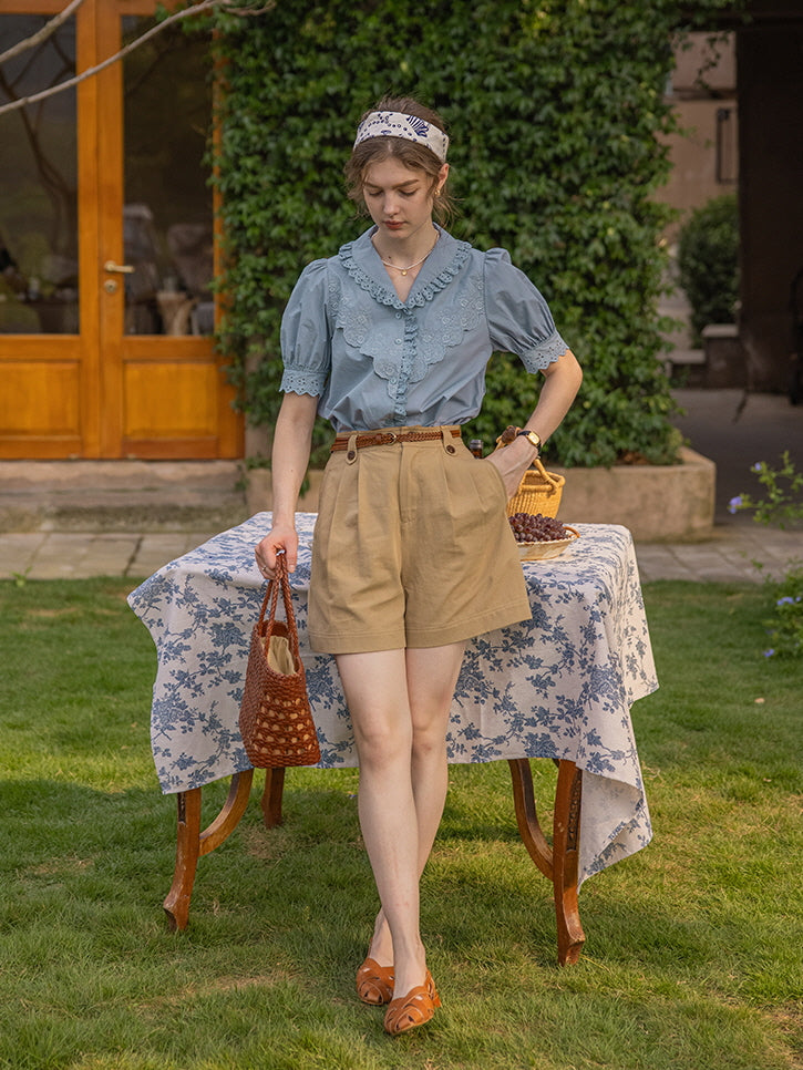 Blue Embroidery Collar Cottage Blouse