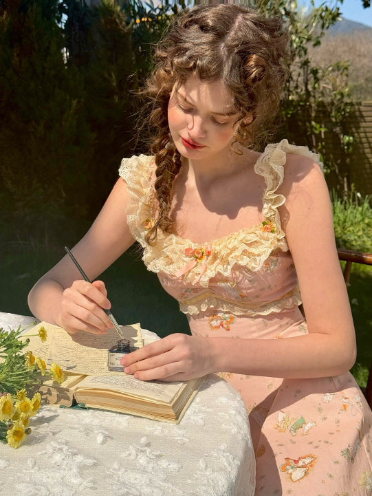 Whimsical floral lace dress with ruffle detailing, as a young woman writes in a vintage notebook, capturing a serene, storybook-inspired moment.