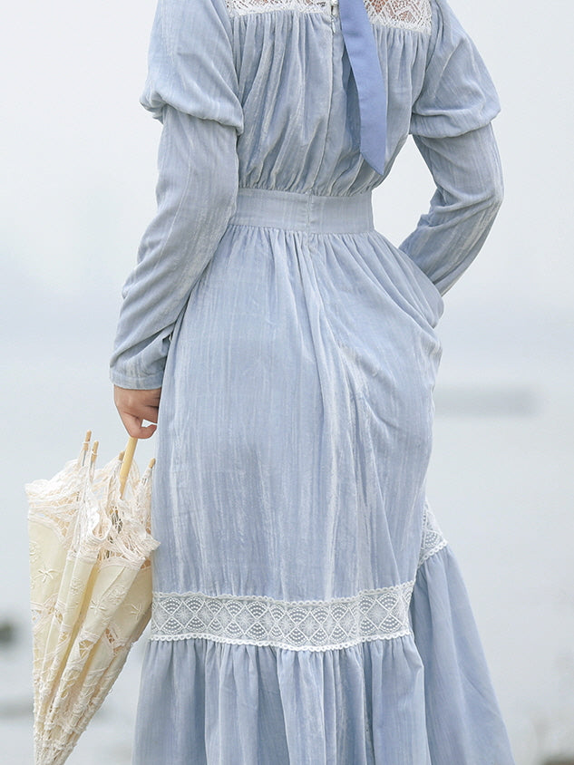 Vintage Blue Lace-Trimmed Elegant Dress