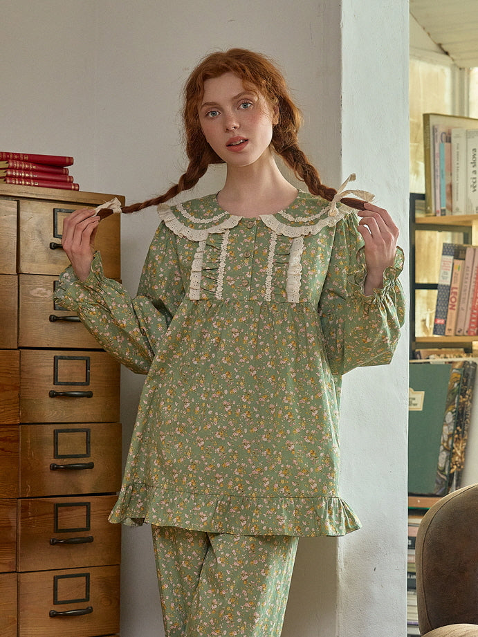 A playful, fairytale-inspired look featuring a green floral loungewear set with lace details and a ruffle hem, perfect for a dreamy afternoon.