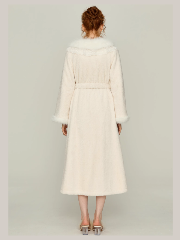 Snowy Lace Dream Slip Nightgown & Faux Fur Collar Robe