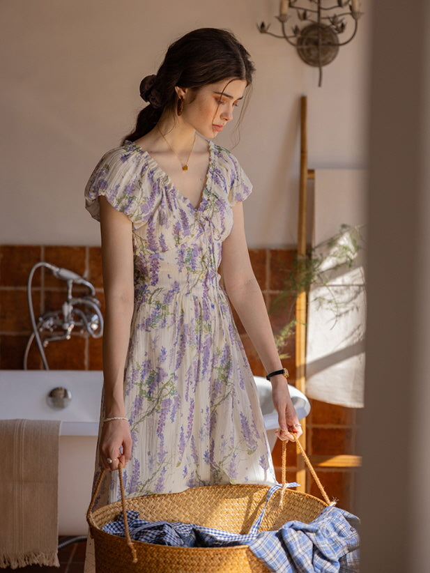 Lavender Floral Lace-Up Bodice Dress Cottagecore Aesthetic
