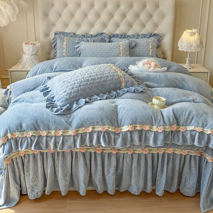 Princess Velvet Rose Ruffle Bedding Set