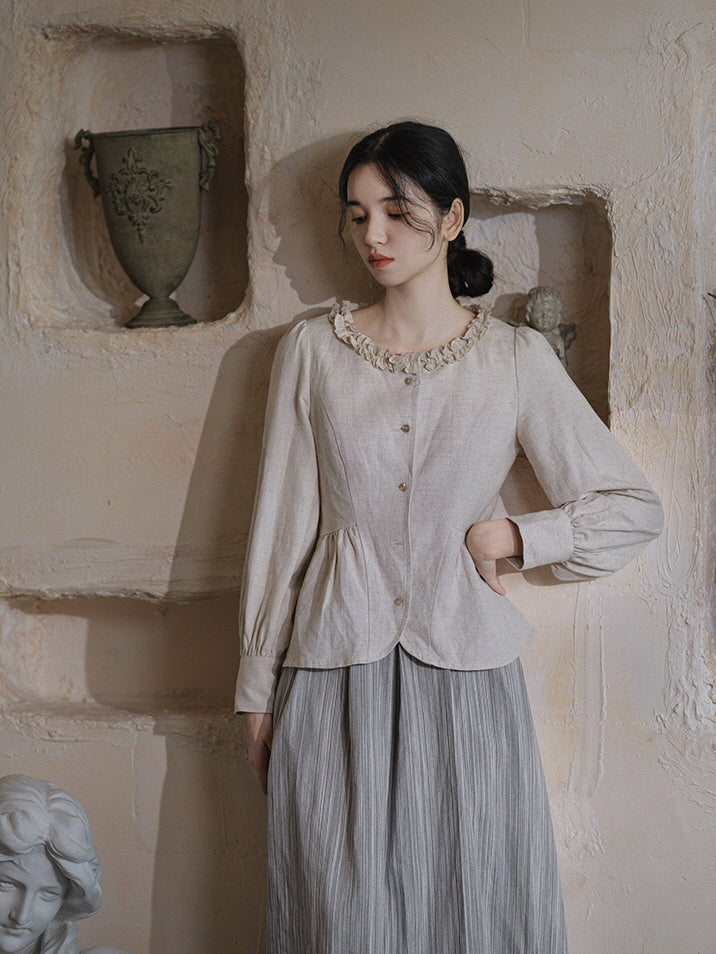 Ruffled Collar Linen Peplum Blouse