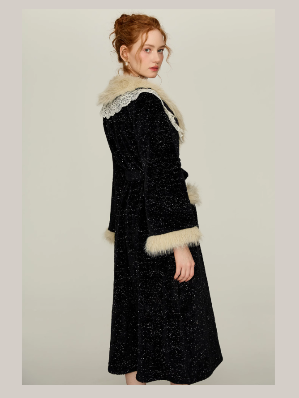 Midnight Lace Slip Nightgown & Faux Fur Trim Robe