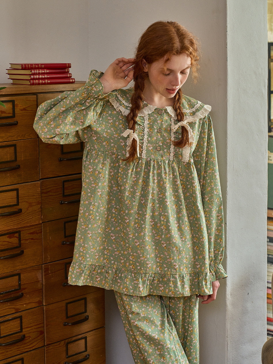 A serene moment in a green floral loungewear set with lace trim and ruffled hem, capturing a dreamy, cottagecore aesthetic against a vintage backdrop.