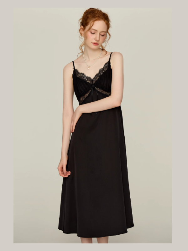 Midnight Lace Slip Nightgown & Faux Fur Trim Robe