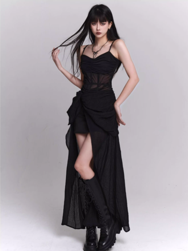 Midnight Siren Sheer Corset Drape Maxi Dress