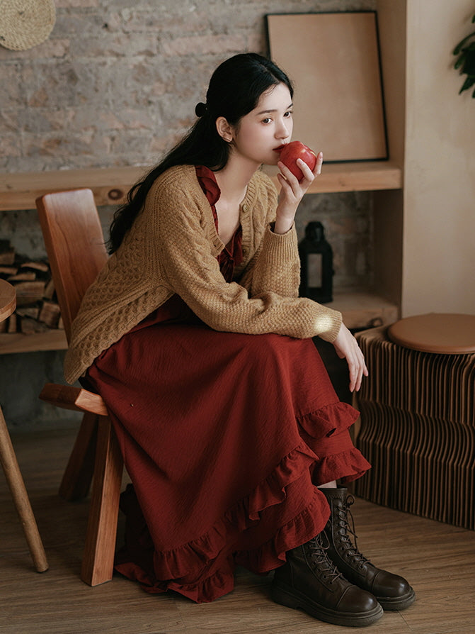 Maple Red Vintage Ruffled Dress