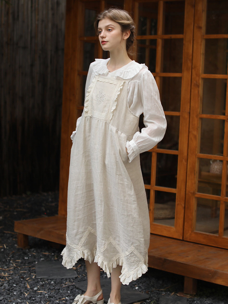 Lace Trim Vintage Linen Apron Dress