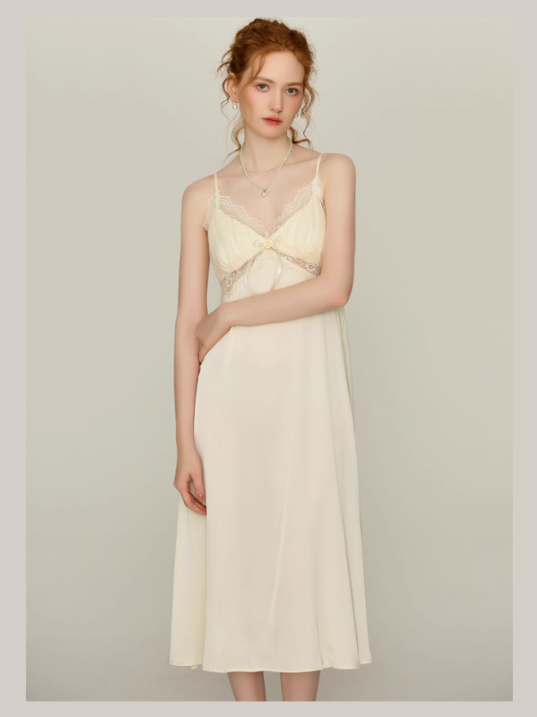 Snowy Lace Dream Slip Nightgown & Faux Fur Collar Robe