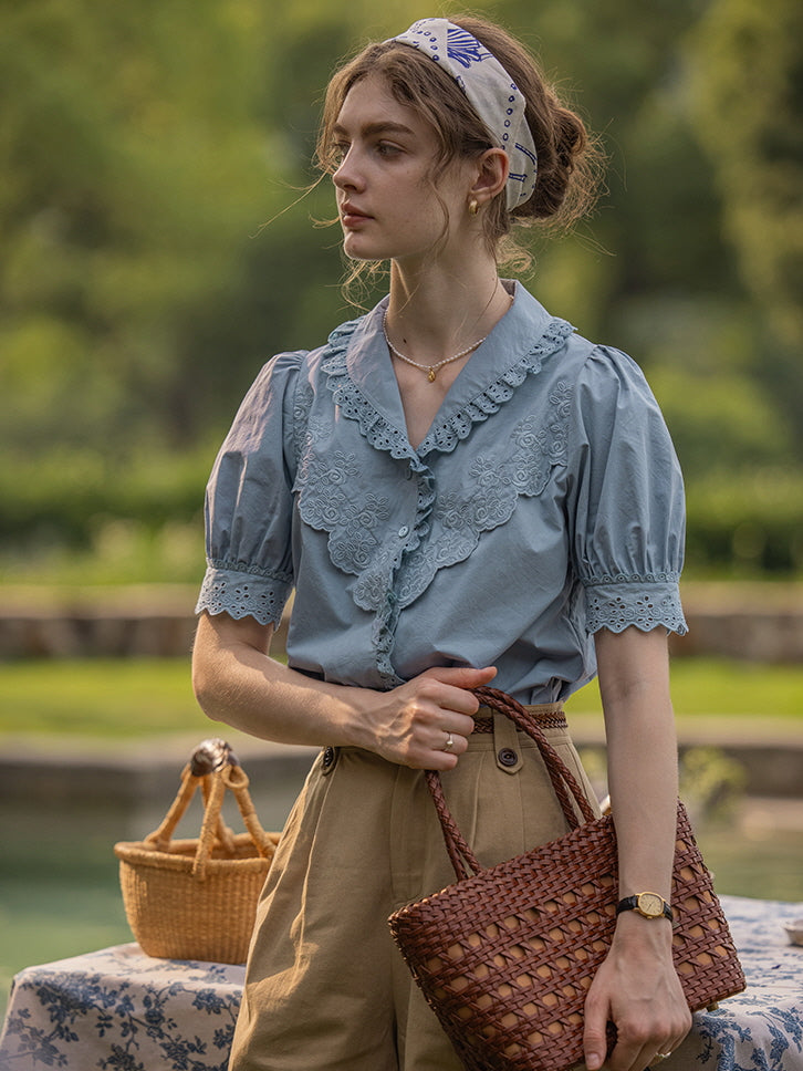 Blue Embroidery Collar Cottage Blouse