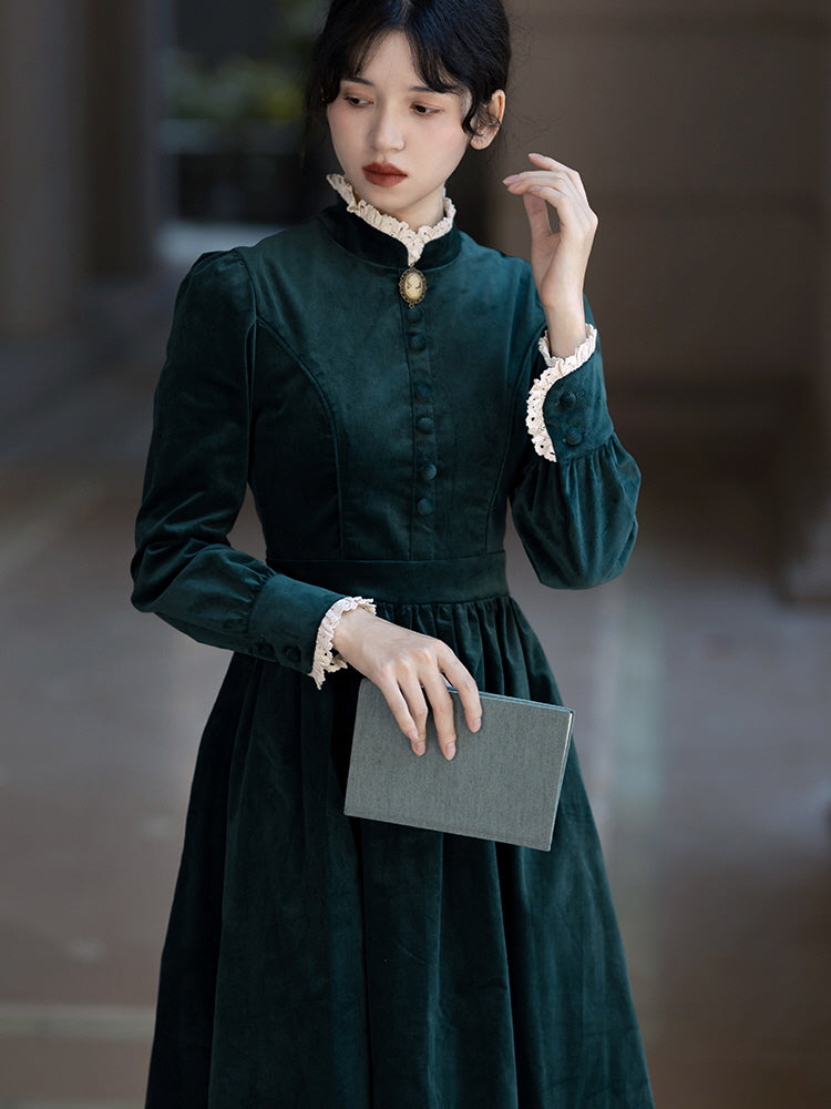 Forest Green Velvet Dress - Lace Cuffs | Puff Sleeves - Vintage Aesthetic Dark Green / L Forest Green Velvet Dress - Lace Cuffs | Puff Sleeves - Vintage Aesthetic Dark Green / L