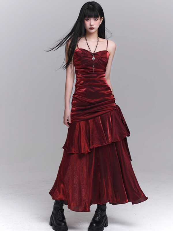 Crimson Siren Tiered Velvet Maxi Dress