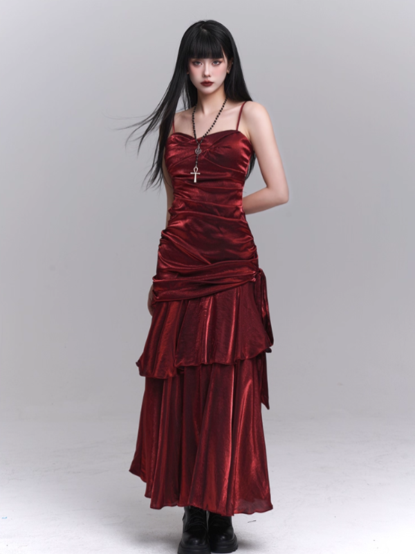 Crimson Siren Tiered Velvet Maxi Dress