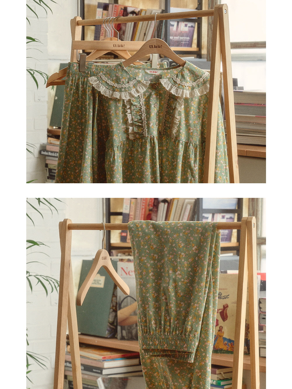 A charming display of a green floral loungewear set with lace trim and ruffled accents, hung on wooden hangers to showcase the cottagecore aesthetic.