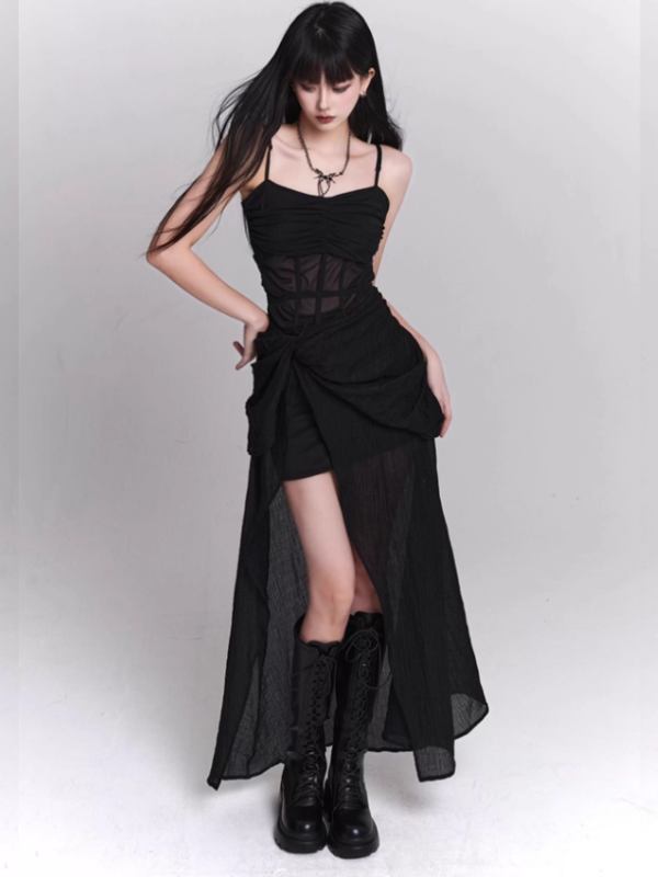 Midnight Siren Sheer Corset Drape Maxi Dress