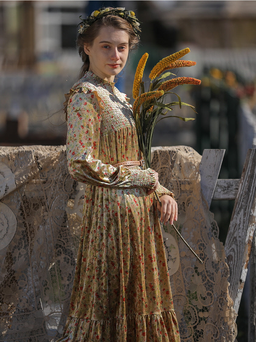 Golden Velvet Floral Dress