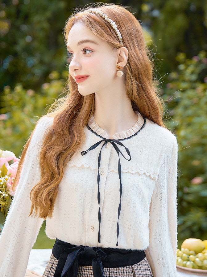 Ribbon Tie Lace Ruffle Blouse