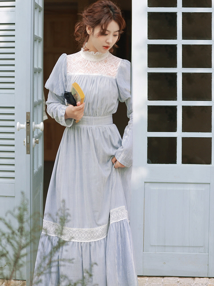 Vintage Blue Lace-Trimmed Elegant Dress