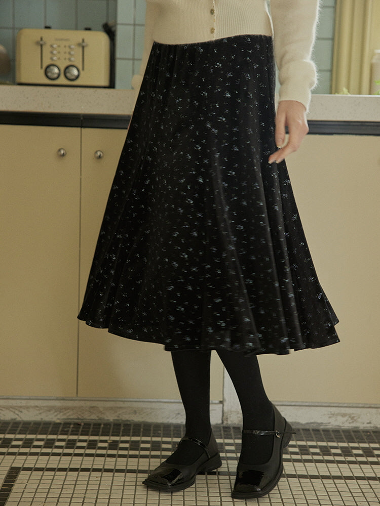 Vintage Blue Floral Velvet Skirt