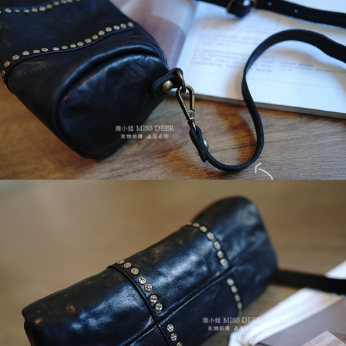 Studded Genuine Leather Barrel Crossbody Bag