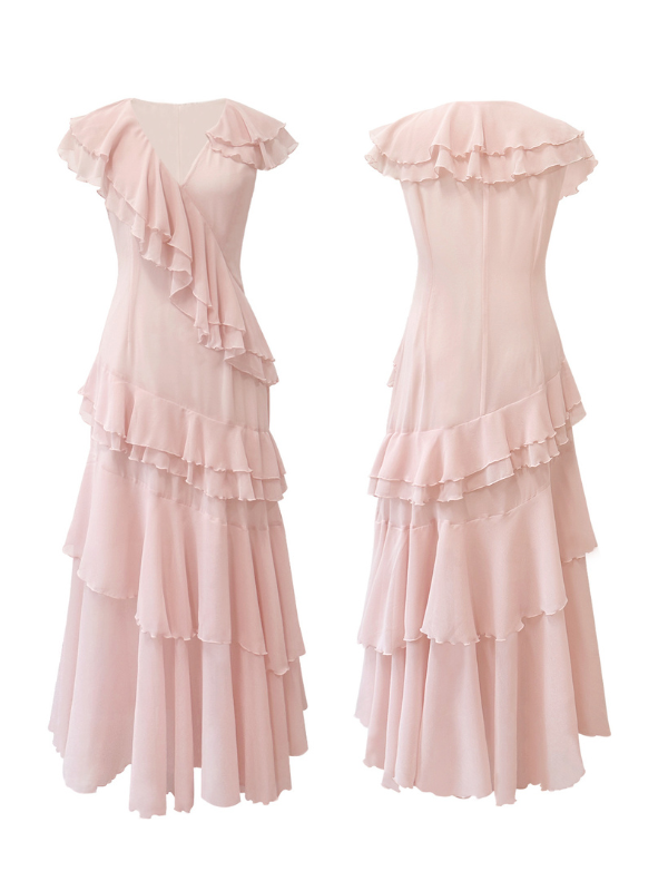 Graceful Pink Ruffle V-Neck Maxi Dress