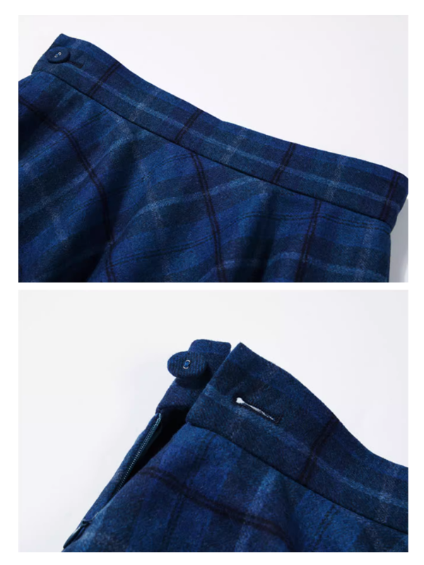 Autumn Vintage Blue Plaid Wool Skirt