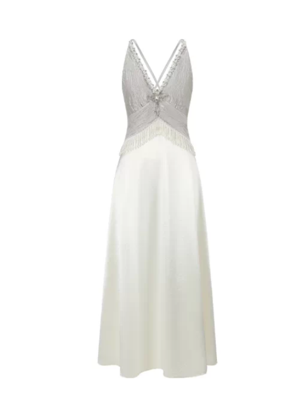 Silver Pearl Beaded Gatsby Vintage Maxi Dress