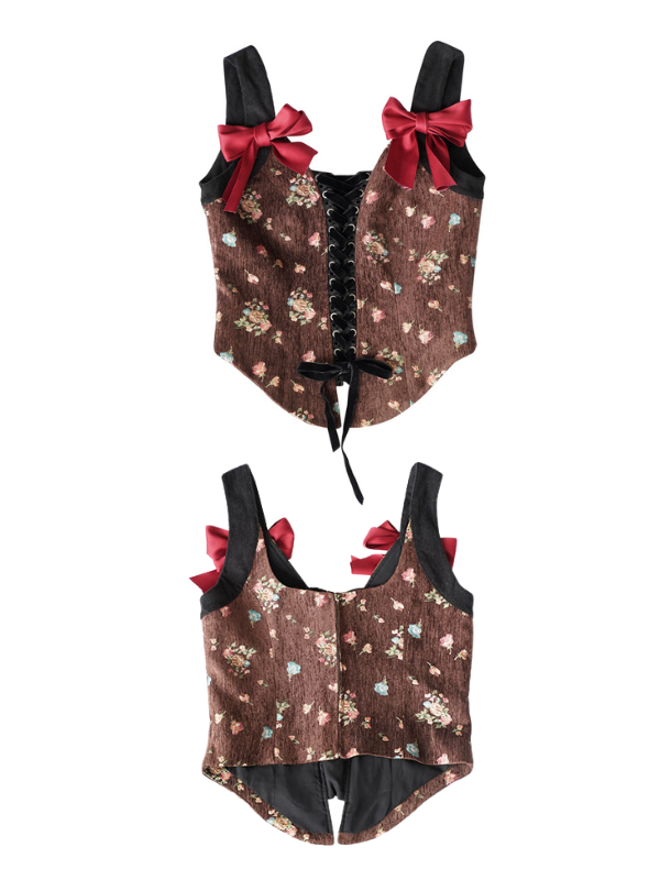 Floral Velvet Corset with Ribbon Accents