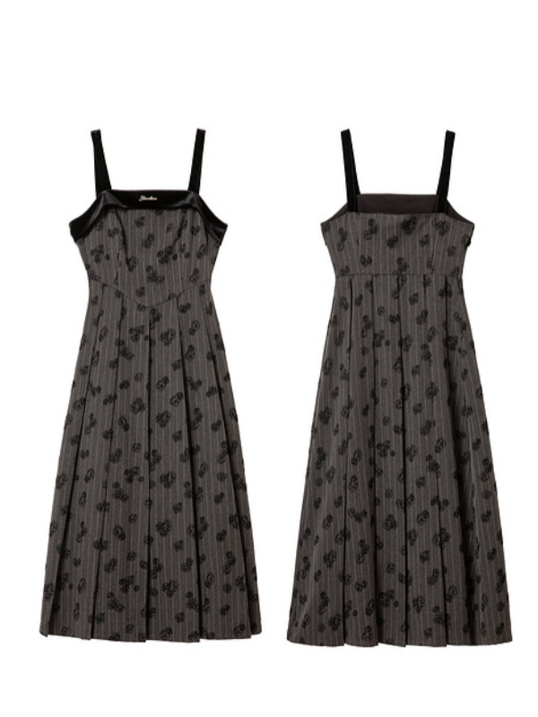 Elegance Noir Floral Velvet Embroidered Pinafore Dress