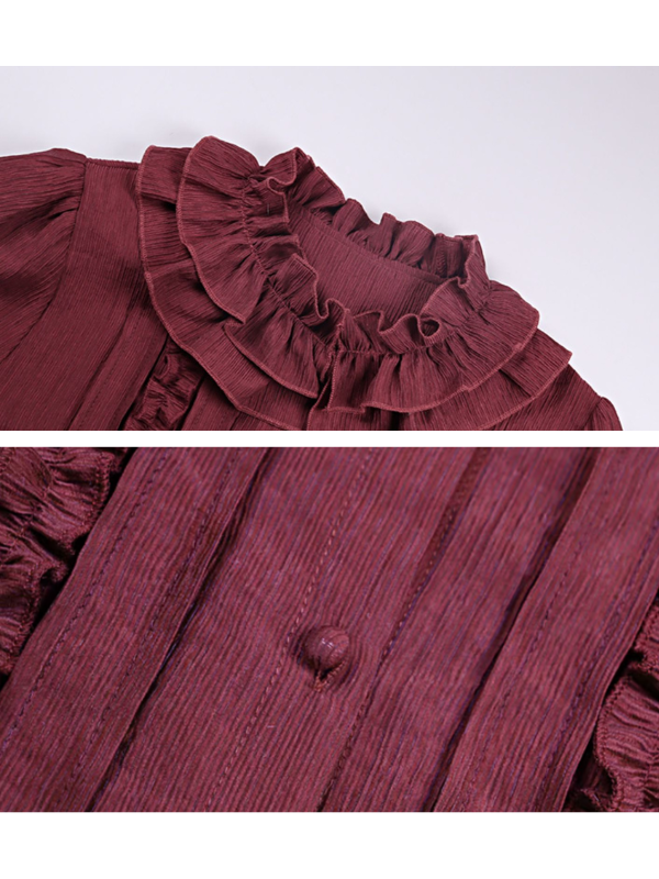 Elegant Wine Ruffled Victorian Blouse