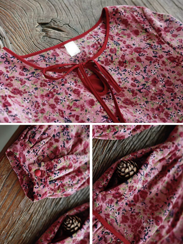 Pink Corduroy Floral Long Dress