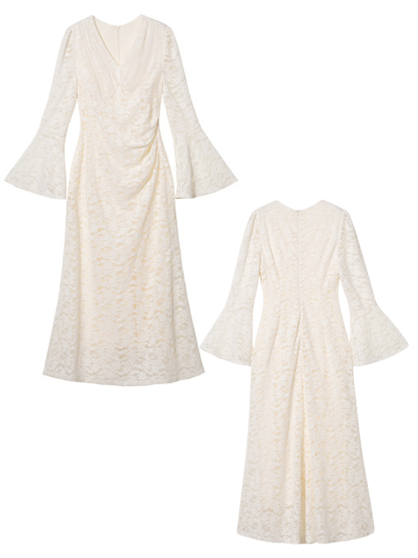 Romantic Ivory Lace Bell-Sleeve Dress