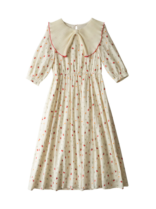 Pleated Collar Retro Floral Cotton Dress