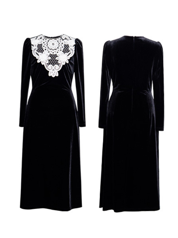 Vintage Black Lace Velvet Winter Dress