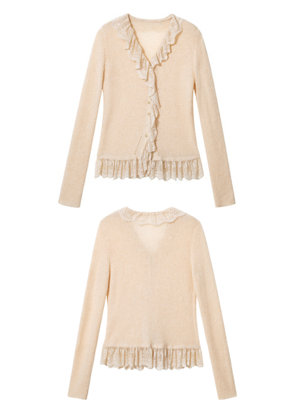 Ivory Lace Trim Wool Blend Cardigan