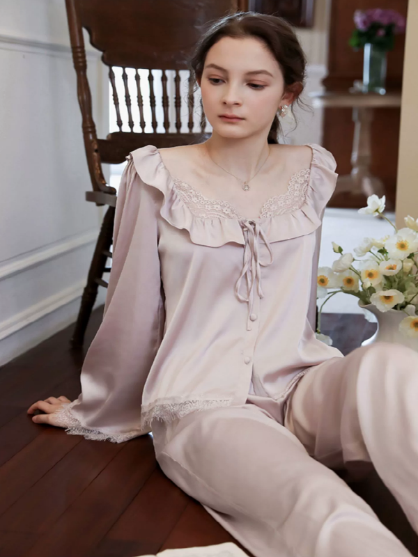 Vintage Lace-Frill Satin Slumber Pajama