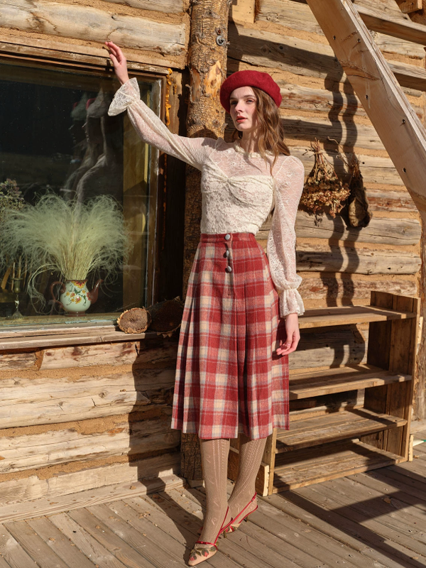 Adorable Red Checkered Pleats Skirt