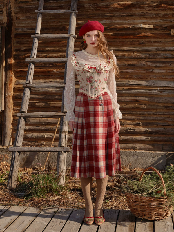 Adorable Red Checkered Pleats Skirt