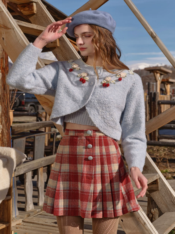 Adorable Red Checkered Pleats Skirt