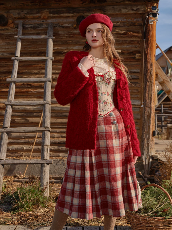 Adorable Red Checkered Pleats Skirt