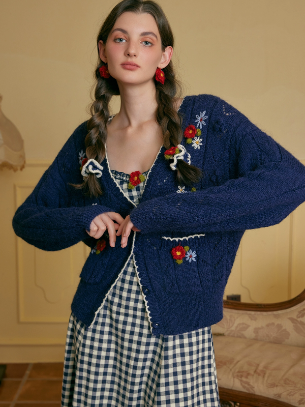 Navy Floral Wool Cardigan