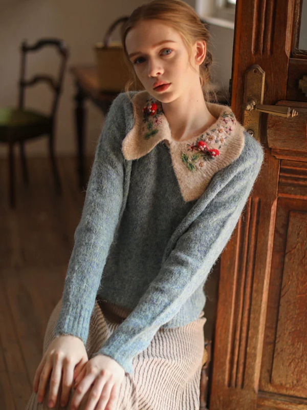 Floral-Collared Alpaca Sweater