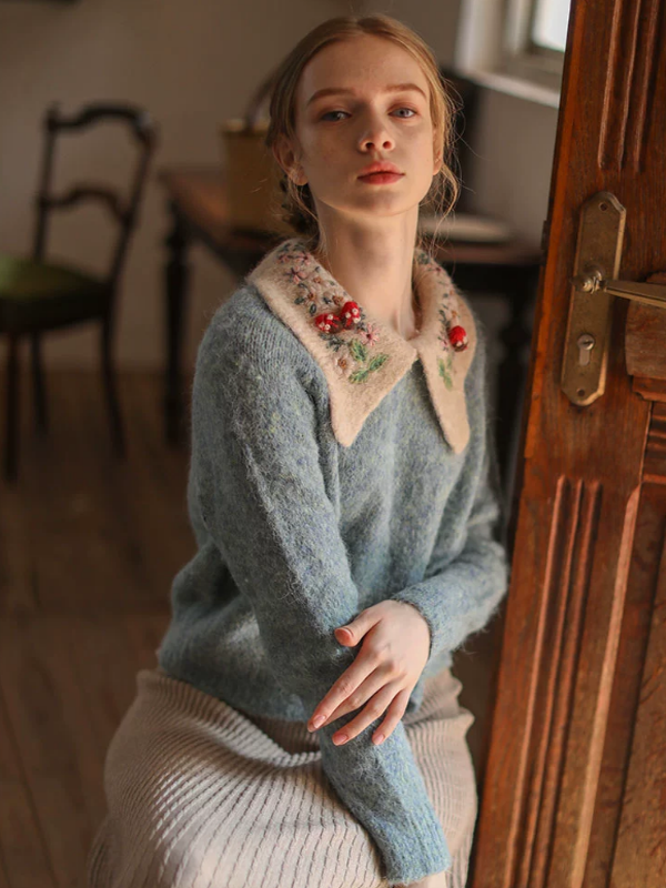 Floral-Collared Alpaca Sweater